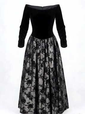 Vintage Scott McClintock Black and Silver Off-Shoulder Gown